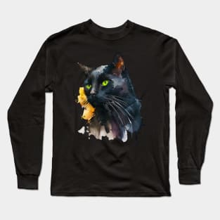 Black Cat Watercolour art Long Sleeve T-Shirt